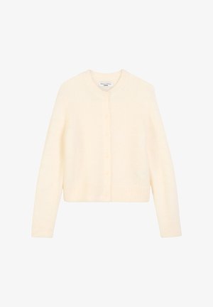 Kremowy, krótki kardigan wykonany z miękkiego dzianiny, z okrągłym dekoltem, zapinany na guziki z przodu oraz ściągaczami na mankietach i u dołu.