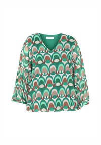 Blouse ample à manches trois-quarts, motif rétro circulaire vert et marron, col en V, tissu léger.