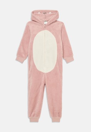Tutina per bambini di un morbido colore rosa con una toppa bianca sul pancione, cappuccio attaccato con orecchie da animale, zip frontale e polsini a costine su maniche e gambe.