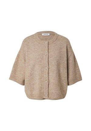 Beige gebreide cardigan met korte mouwen, ronde halslijn en zes knoopsluitingen aan de voorkant. Zachte textuur en een ontspannen pasvorm.
