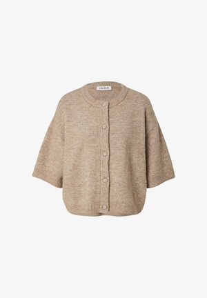 Beige gestrickte Strickjacke mit kurzen Ärmeln, runder Halslinie und sechs Knopfverschlüssen auf der Vorderseite. Weiche Textur und lockerer Sitz.