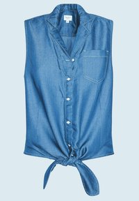 Bezrękawowa koszula dżinsowa z zapięciem na guziki, kieszonką po lewej stronie i wiązanym dołem. Kolor: niebieski średni. Widoczne szwy.