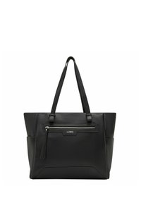 Borsa a tracolla nera con texture, dotata di due manici robusti, una tasca frontale con zip e un accento del logo. Design angolare semplice con una finitura lucida.