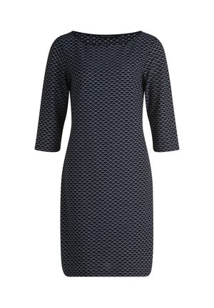 Robe bleu marine longueur genou avec manches 3/4, encolure bateau et motif de vagues blanches sur tout le tissu.