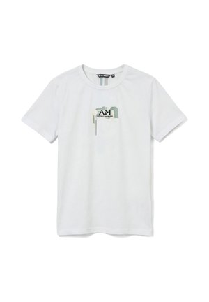 T-shirt blanc à manches courtes, col rond, avec un petit motif abstrait vert et le logo "AM Antony Morato" centré sur la poitrine.