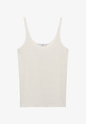 Lichtbeige tanktop met dunne banden, gemaakt van zacht materiaal, met een eenvoudig, onopgesmukt ontwerp; geen zichtbare patronen of accenten.