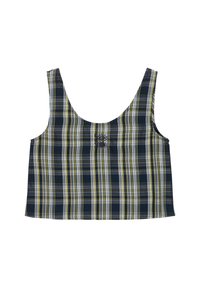 Κοντό τοπ σε ναυτικό μπλε καρό με κίτρινες και λευκές γραμμές, λαιμόκοψη scoop, ρυθμιζόμενες τιράντες και διακοσμητική λεπτομέρεια στο μπροστινό μέρος.