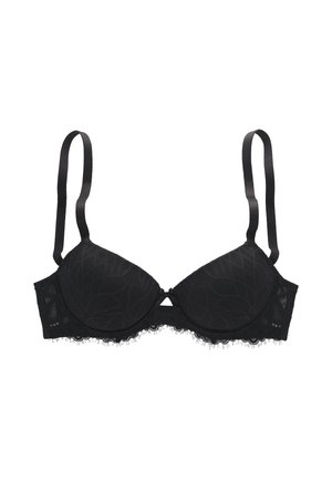 Sort blondet underwire-bh med justerbare stropper og blomstertryk på skåle, vist på en hvid baggrund.