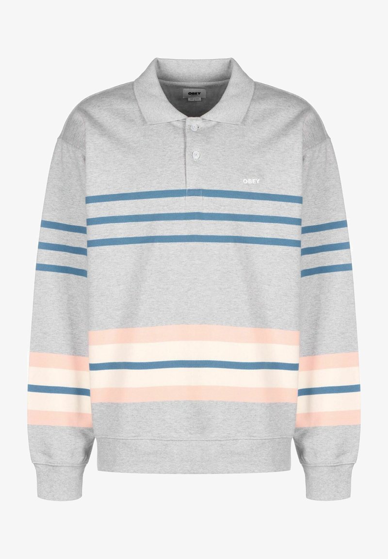Polo shirt gris à manches longues avec des rayures horizontales bleues et pêche. Présente un col et une patte de boutonnage à deux boutons. Logo au niveau de la poitrine.