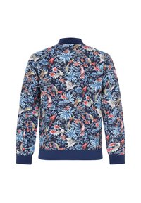 Giacca bomber floreale blu con motivi vivaci di uccelli e foglie, polsini e orlo a coste, realizzata in tessuto morbido e confortevole.