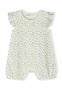 Bodysuit de manga corta para bebé en tejido color crema con patrón de manchas negras, que presenta acentos de volantes en los hombros y cierres a presión en la parte inferior.