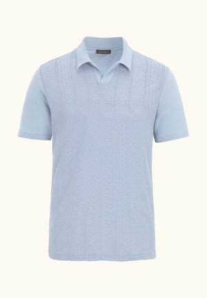 Light blue short-sleeve polo shirt featuring textured knit patterns and a classic collar. Soft material with a smooth finish.
