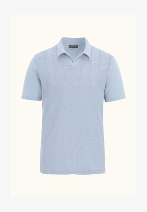 Vaaleansininen lyhytnuplinen polo-paita, jossa on tekstuurisia neulekuvioita ja klassinen kaulus. Pehmeää materiaalia, jossa on sileä pinta.