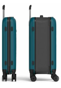 Valise rigide avec un extérieur en teal, panneau en tissu gris, accents noirs, roues doubles et une poignée extensible. Fermeture à glissière.
