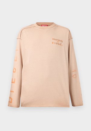 Beežika värvi pika varrukaga ümara kaelusega särk, mille rinnal ja varrukatel on tuhmiks kulunud oranži värvi tekst „PROPERTY OF DIESEL“, õlgadel nähtavad õmblused.