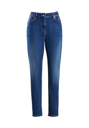 Jean en denim bleu avec une coupe droite, taille haute, poches avant et fermeture à bouton métallique. Décoloration subtile sur l'ensemble du tissu.