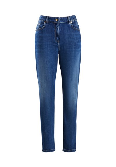 Blue denim jeans featuring a straight leg design, high waist, front pockets, and a metal button closure. Subtle fading throughout the fabric.