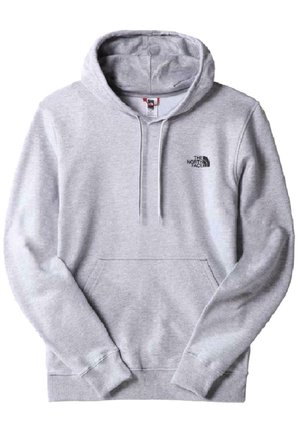 Sweat-shirt à capuche gris clair avec poche avant et logo noir The North Face sur le côté gauche de la poitrine, présenté à plat sur fond blanc.
