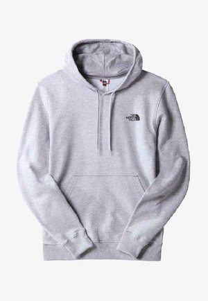 Lichtgrijze capuchontrui met voorzak en zwart The North Face-logo op de linkerborst, plat weergegeven op een witte achtergrond.