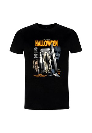 Camiseta de algodón negra con un gráfico de película de Halloween. Los colores predominantes incluyen texto en naranja y blanco con imágenes de personajes y una puerta.