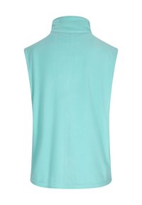 Helles, blaues, ärmelloses Fleece-Oberteil mit hohem Kragen und glatter Textur. Einfaches Design, keine Muster oder Hardware-Details sichtbar.