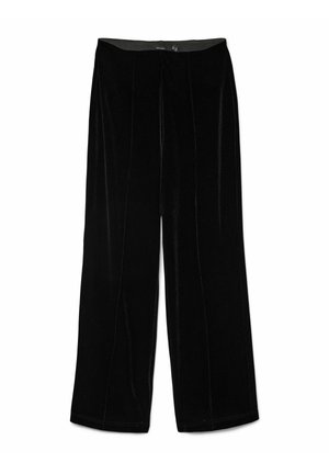 Pantaloni larghi in velluto nero con una texture liscia, dotati di una vita elasticizzata e cuciture sottili sulla parte anteriore per una maggiore definizione.