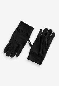 Black gloves made of smooth fabric, featuring a fitted design and extended cuff with a strap for tightening. Five-finger coverage.