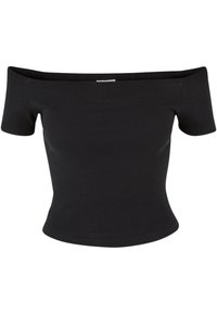 Black off-the-shoulder top made from ribbed fabric; fitted design with short sleeves and a cropped length.