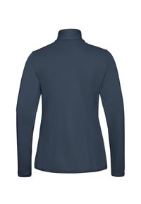 Veste à manches longues bleu marine avec un col haut, en tissu texturé, coupe ajustée et coutures plates pour le confort. Design simple et fonctionnel.