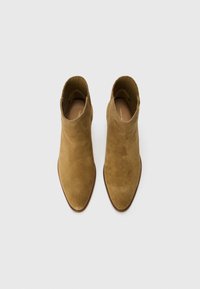 Stivaletti alla caviglia in scamosciato beige con punta affusolata e design minimalista. Presentano una consistenza liscia e un tacco basso e curvo per garantire stabilità.