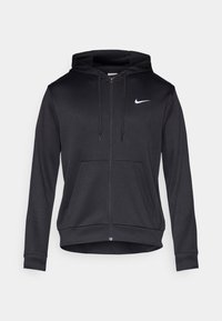 Μαύρο φούτερ με φερμουάρ φτιαγμένο από μαλακό ύφασμα, με κουκούλα που ρυθμίζεται με κορδόνι, μπροστινές τσέπες και μικρό λευκό λογότυπο Nike στο στήθος.