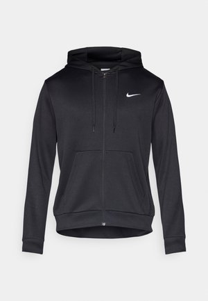 Felpa nera con zip realizzata in tessuto morbido, dotata di cappuccio con cordino, tasche frontali e un piccolo logo bianco Nike sul petto.