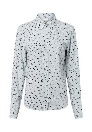 Camicia a maniche lunghe di colore azzurro chiaro con un motivo floreale nero sparso, chiusura a bottoni e design del colletto classico.