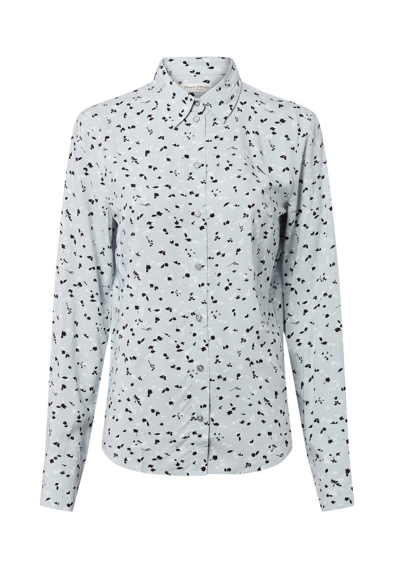 Camicia a maniche lunghe di colore azzurro chiaro con un motivo floreale nero sparso, chiusura a bottoni e design del colletto classico.