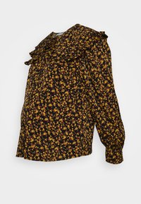 Blusa floral preta com mangas longas, apresentando um colarinho fruncido e um corte solto. Flores amarelas e laranjas criam um padrão disperso.