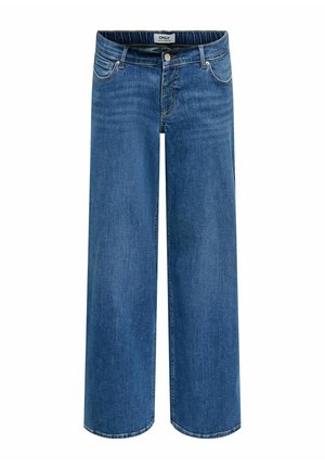 Jean de maternité bleu avec jambes larges, bouton et fermeture éclair devant, passants pour ceinture et deux poches avant.