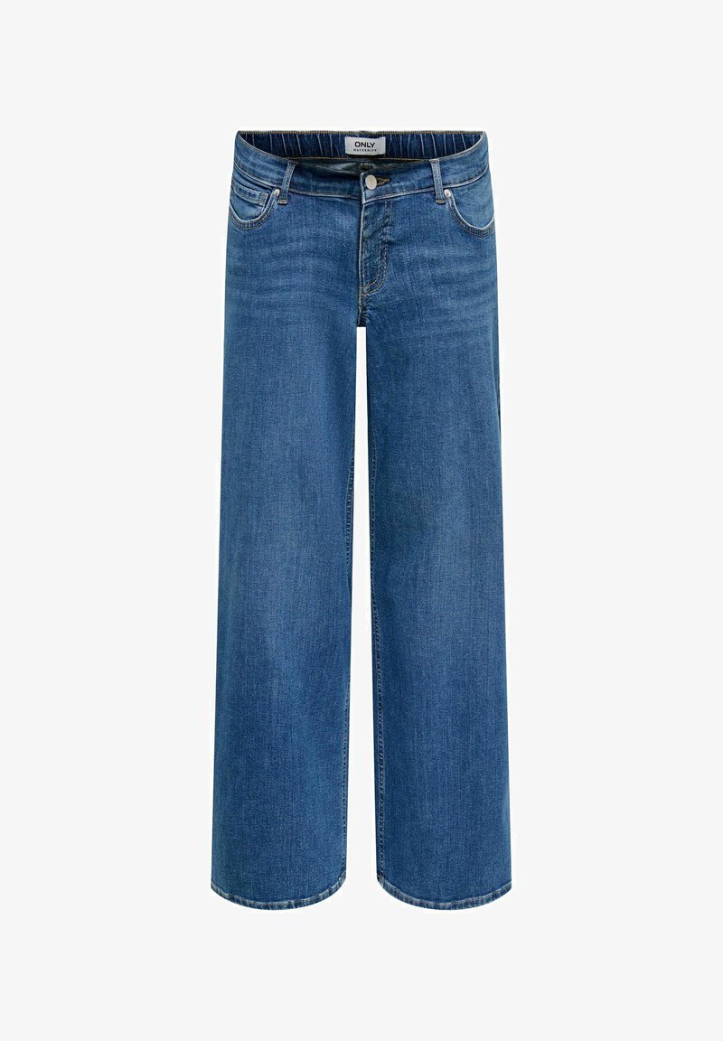 Jean de maternité bleu avec jambes larges, bouton et fermeture éclair devant, passants pour ceinture et deux poches avant.