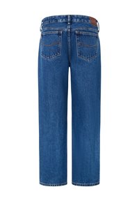 Blå denimjeans med rak passform, försedda med två bakfickor, en baksideslapp av brunt läder och detaljer med kontrasterande sömmar.