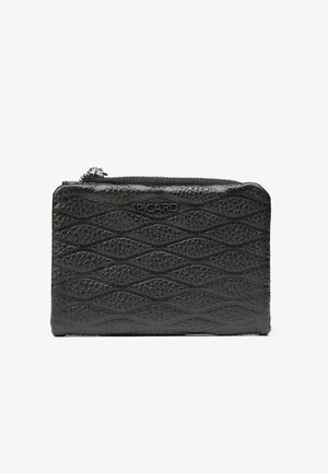 Pochette in pelle nera con motivo ondulato in rilievo, chiusura con zip sulla parte superiore e logo del marchio discreto sulla parte anteriore. Texture liscia.