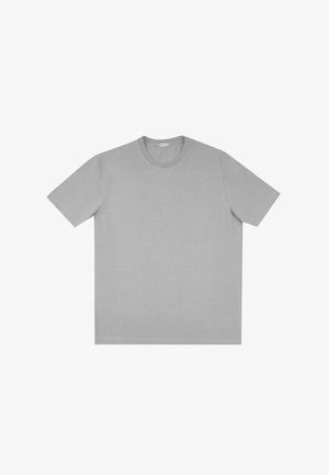 Grijze T-shirt met korte mouwen van katoen. Heeft een ronde halslijn en een losse pasvorm. Gladde textuur, geen zichtbare patronen of graphics.