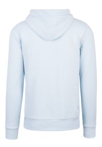 Hellblauer Hoodie mit Kängurutasche, elastischen Bündchen und Saum. Glattes Baumwollmaterial, verstellbare Kapuze mit Kordelzug und minimalistisches Design.