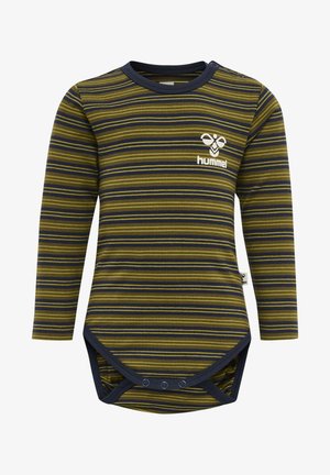 Langärmliger Baby-Body in olivgrün mit navyblauen Streifen, mit Rundhalsausschnitt, Druckknopfverschluss und einem kleinen weißen Logo auf der Brust.
