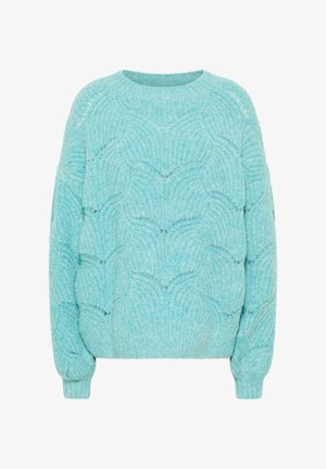 Pulover tricotat de culoare bleu deschis, cu un model în valuri, guler rotund și mâneci lungi. Material texturat cu un aspect moale.