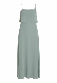 Rochie maxi într-o nuanță de verde deschis, cu un design fără mâneci, un top stratificat și bretele ajustabile, realizată dintr-un material moale și fluid.