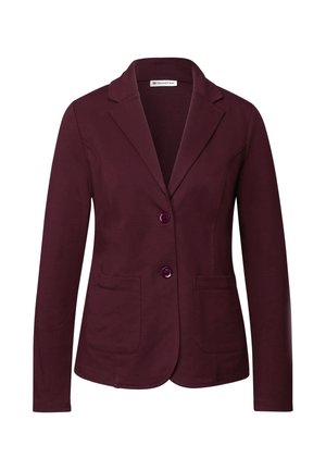Blazer bourgogne en tissu extensible avec col cranté, deux poches avant et deux boutons violets pour la fermeture.