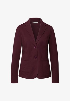 Burgundy blazer made of stretch fabric featuring a notched collar, two front pockets, and two purple buttons for closure.