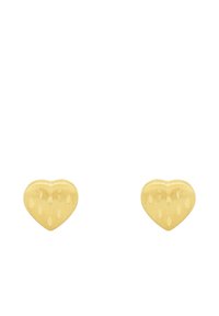 Pendientes de stud en forma de corazón dorado con una textura cepillada y sutiles indentaciones, que presentan un contorno suave y una superficie reflectante.