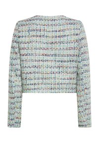 Przycięta, długosleeve kurtka w wielobarwnej tkaninie tweed o mieszance jasnoniebieskich, różowych i zielonych odcieni. Brak widocznych zapięć lub akcentów.