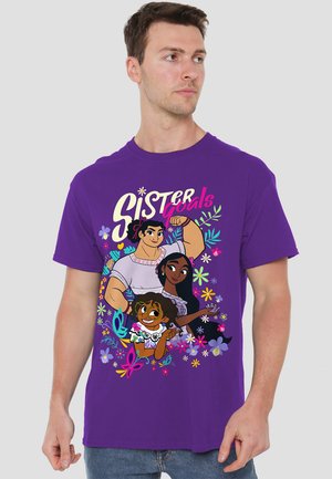 Purple cotton t-shirt featuring colorful cartoon characters and floral designs, with the text "Sister Goals" in a bold, playful font.