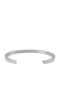 Sølv armring, minimalistisk design, rund form, glatt overflate, ender med flate tupper, lett metallmateriale.